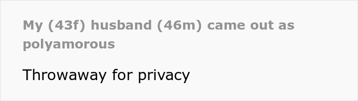 Text post titled man poly relationship depressed wife about a 43-year-old wife with a 46-year-old polyamorous husband.