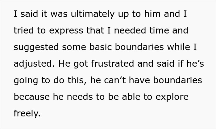 Text excerpt discussing a man in a poly relationship and his frustrated wife struggling with boundaries and depression.