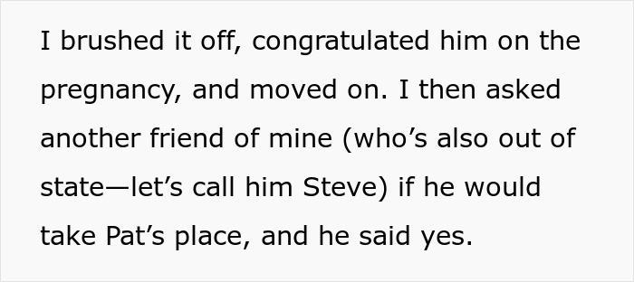 Text excerpt discussing a friend's response about taking Pat&rsquo;s place amid wedding drama and a baby shower event.