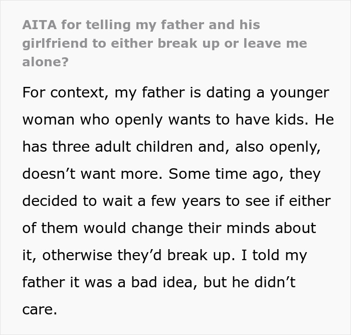 Text excerpt discussing dad's girlfriend wanting children and daughter horrified by pregnancy talks.