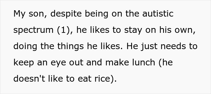 Text about autistic son staying independent and preferences, related to child-free woman refusing babysitting and cleaning duties.