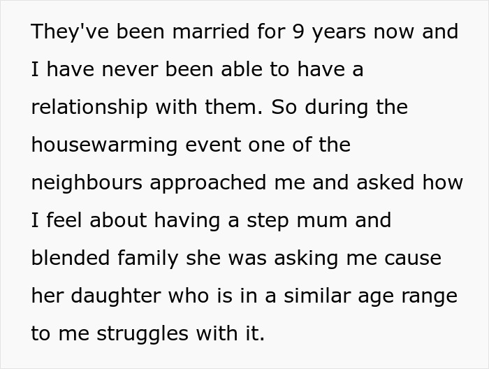 Person sharing feelings about embarrassing step mother relationship affair during a housewarming event with neighbor.