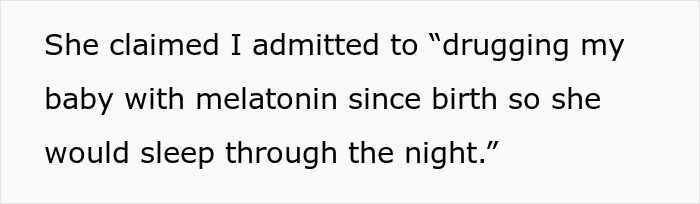 Text showing a claim about drugging a baby with melatonin since birth to ensure the baby would sleep through the night.