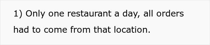Text slide showing a numbered rule about ordering from only one restaurant per day at work related to lunch pickups.