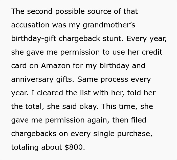 Text excerpt discussing a grandmother’s birthday-gift chargeback stunt violating postpartum boundaries.