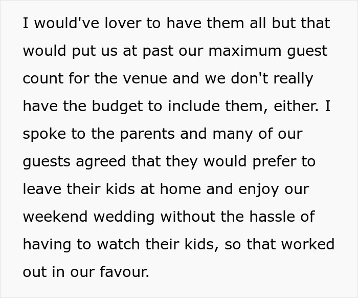 Text excerpt about guest preferences regarding children at a wedding, reflecting an attention-seeking mom's dress concerns.