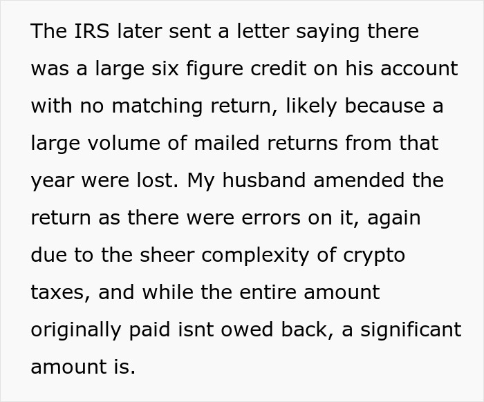IRS letter about a large six-figure credit and errors in crypto taxes amid postpartum boundaries retaliation topic.