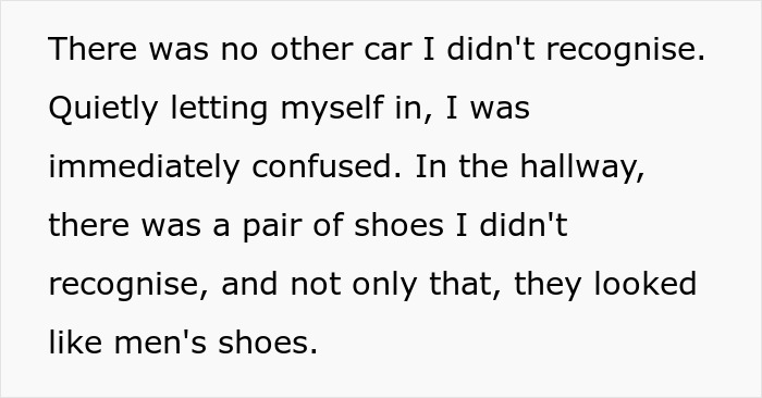 Text excerpt describing confusion upon seeing unfamiliar men's shoes, hinting at suspicious husband in long hairs shower context.