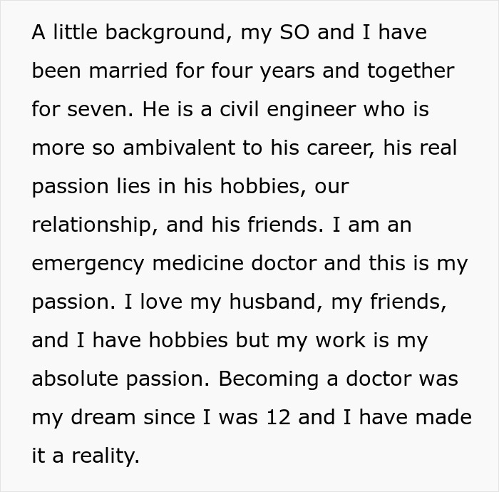 Text describing infertile wife sharing background of marriage with husband in civil engineering and passion for medicine.