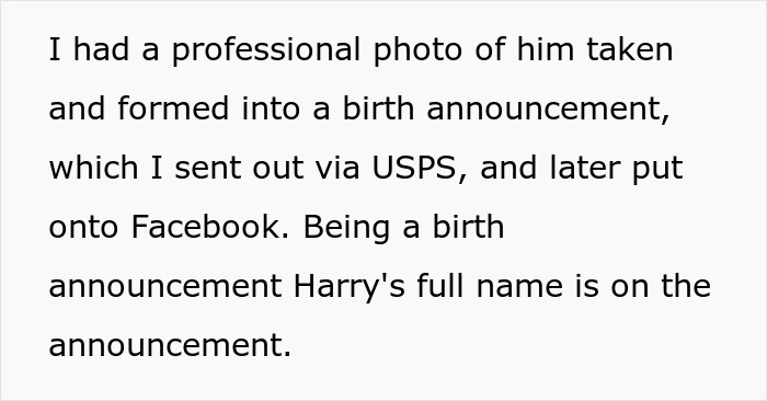 Birth announcement featuring a professional photo highlighting the process of naming son Harry Potter with full name included.