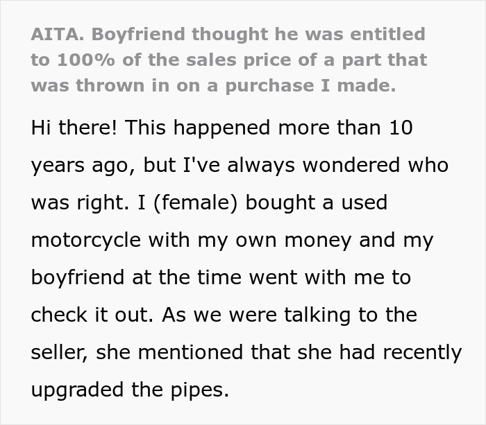 Text excerpt about a boyfriend refusing to share profit from selling bike spare parts bought by his girlfriend.