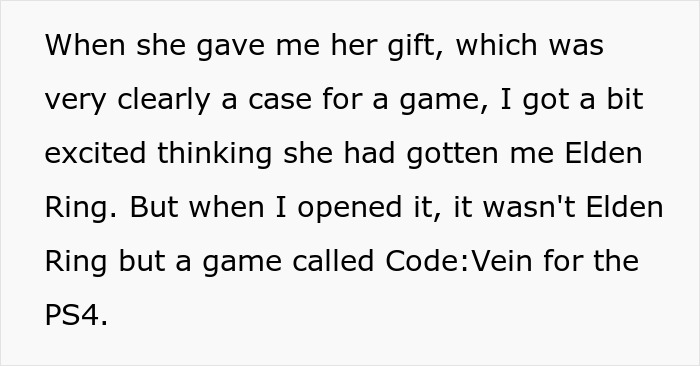 Woman upset boyfriend likes her gift as she expected him to dump her, holding a video game case with mixed emotions.