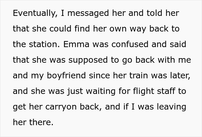 Text excerpt about a woman telling her friend to find her own way after her carry-on went missing at the airport.