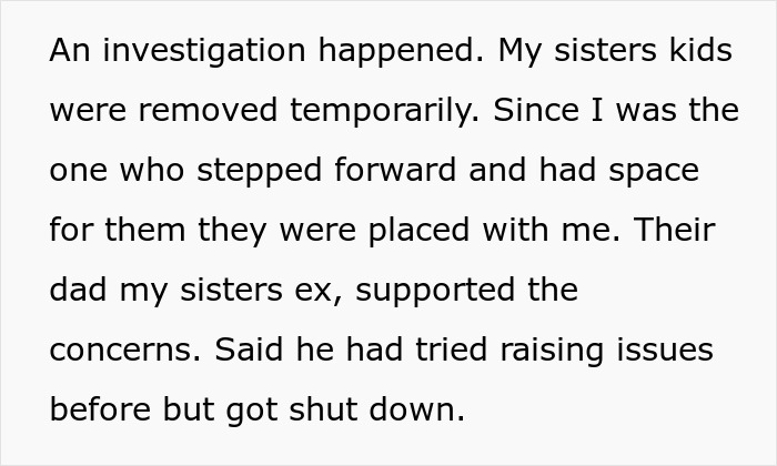 Text excerpt about a neglectful mom and CPS investigation after sister called, parents still defending her.