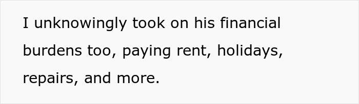 Text excerpt showing a woman describing financial burdens she took on, related to marrying just weeks after meeting husband.