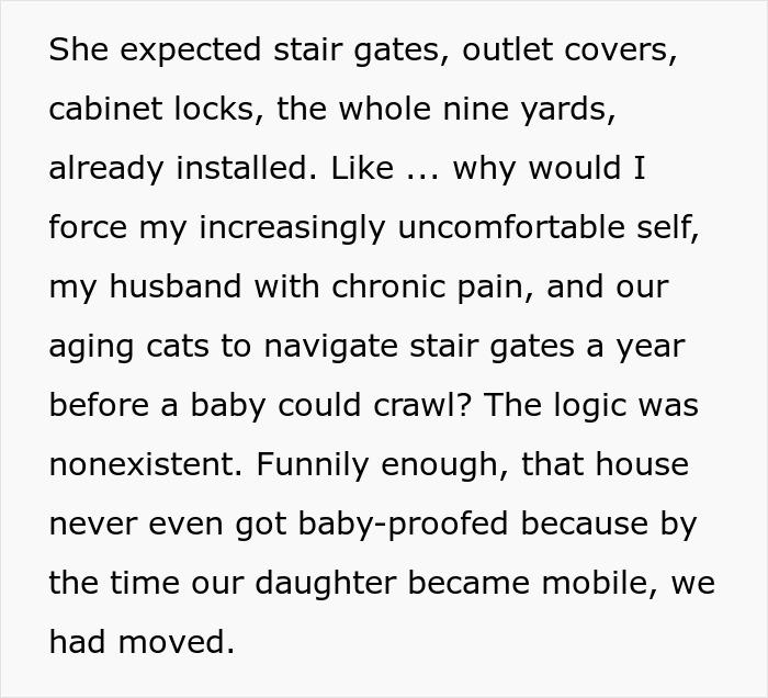 Text excerpt discussing postpartum boundaries and challenges with baby-proofing a home before a baby could crawl.