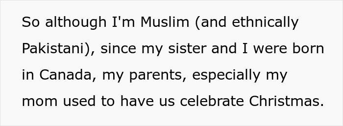 Text excerpt explaining a Muslim Pakistani family in Canada celebrating Christmas despite cultural differences. Text excerpt explaining a Muslim Pakistani family in Canada celebrating Christmas despite cultural differences.