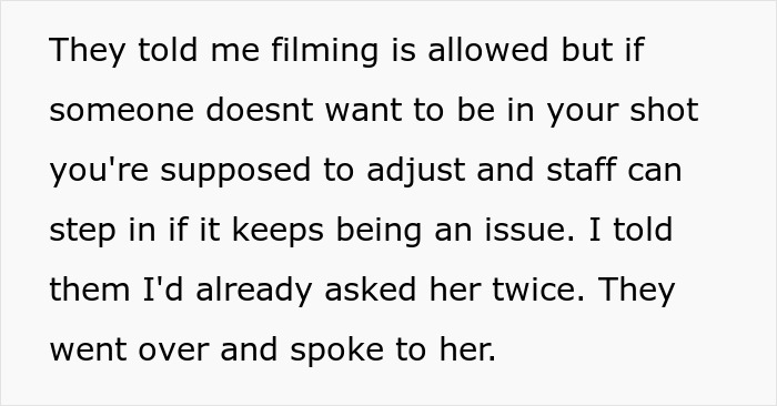 Text explaining gym filming rules as woman rolls her eyes and calls guy a creep after being asked to stop filming at gym.