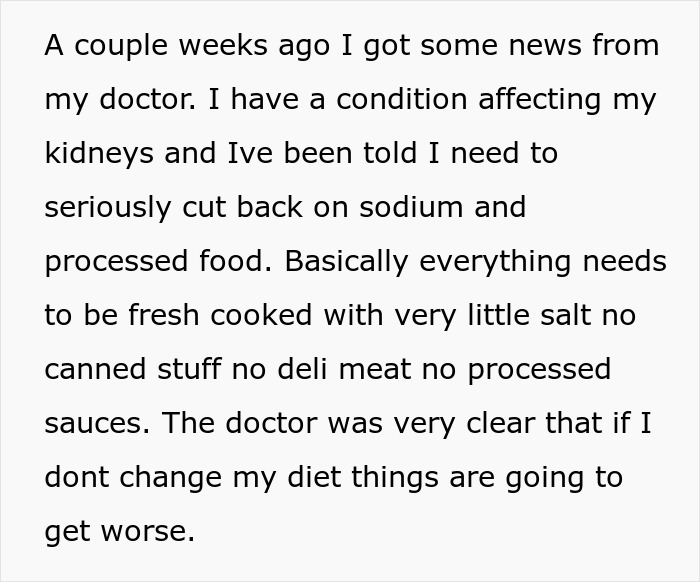 Family Demands Woman Make Separate Meals For Them: "Don't Want To Eat What My Doctor Told Me"
