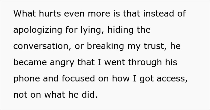 Text about wife divorcing husband after he lied during a video call, causing broken trust and anger over phone access.