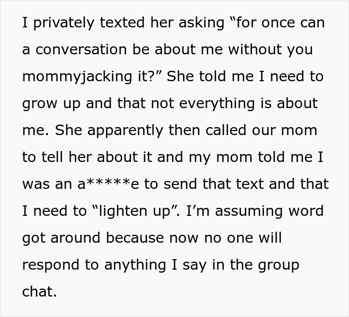 Text describing a private message about a mom not letting sister have a conversation without bringing up her kids.