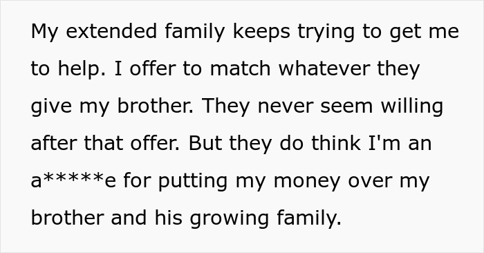 Text showing a guy explaining how he refuses to help his spoiled brother despite family pressure, causing parental anger.