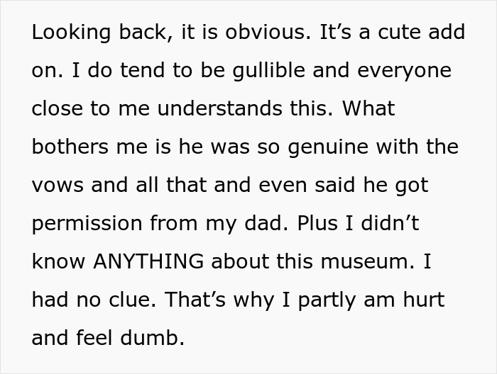 Text excerpt discussing feelings of hurt and confusion after a boyfriend's fake proposal at a love museum.