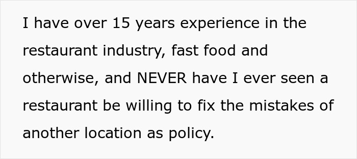 Text about over 15 years in restaurant industry, highlighting no policy to fix mistakes of other locations, disrespect in service.