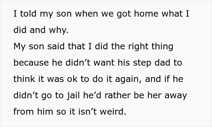 Text excerpt about a son supporting actions against cheating ex-wife's boyfriend who stole expensive Lego sets and got arrested.