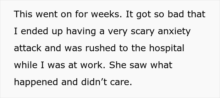 Text describing a person experiencing anxiety and being rushed to the hospital due to malicious threats from a teacher.