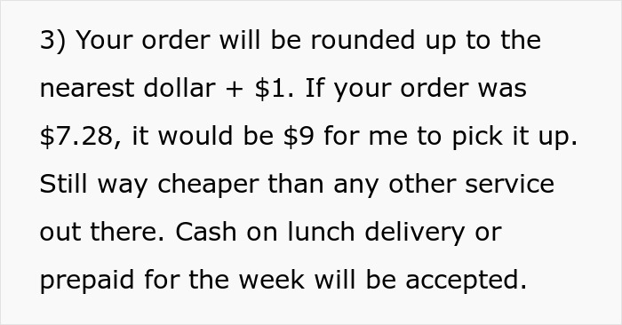 Text explaining lunch order rounding and payment options, addressing coworker entitlement and police involvement.