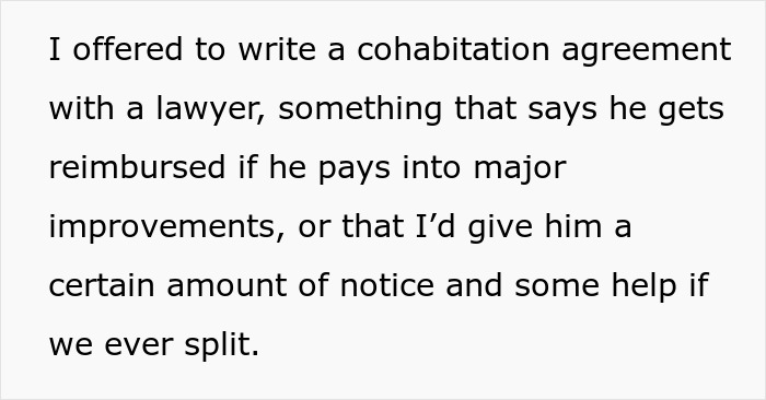 Text excerpt discussing a cohabitation agreement involving a man seeking inclusion in an inherited house deed amid debt issues.