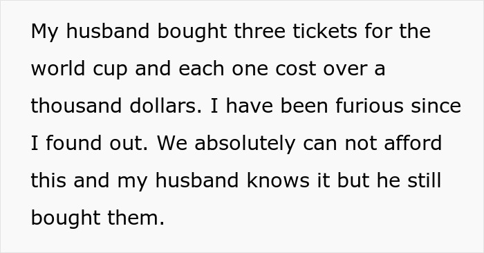 Text post describing a wife horrified as jobless spouse drains emergency fund to buy expensive World Cup tickets.