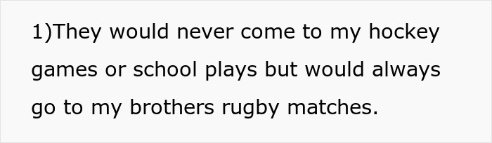 Text excerpt showing resentment over family&rsquo;s preferential treatment toward brother&rsquo;s sports events, related to kidney donation conflict.