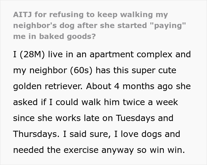 Neighbor dog walking pay issues discussed with baked goods in an apartment complex setting.
