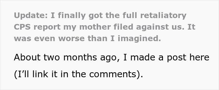Screenshot of text describing a retaliatory CPS report filed by mother, related to postpartum boundaries conflict.