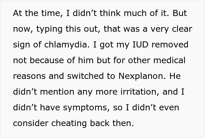 Text describing a personal experience about chlamydia symptoms and not suspecting boyfriend cheating in the relationship.