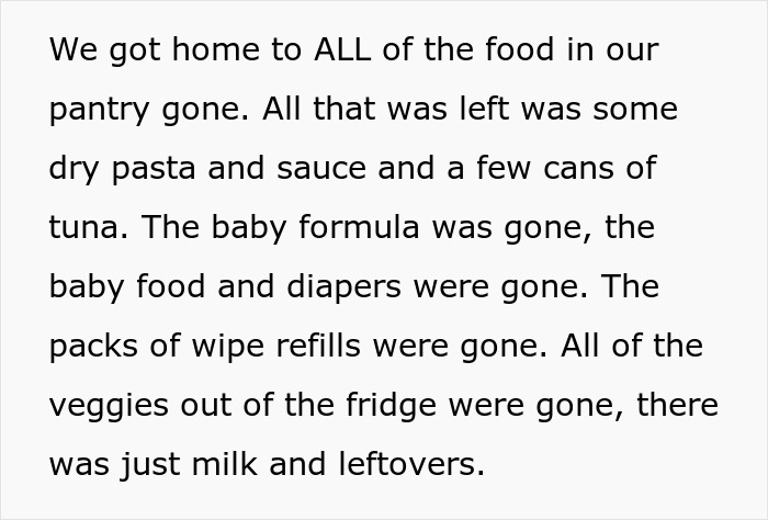 Text describing a pantry and fridge emptied by a suspected food thief leading to a CPS visit involving a step-mom.