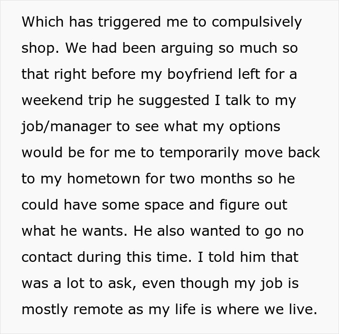 Text excerpt describing a couple&rsquo;s dispute about finances, with the boyfriend suggesting a temporary move and no contact period.