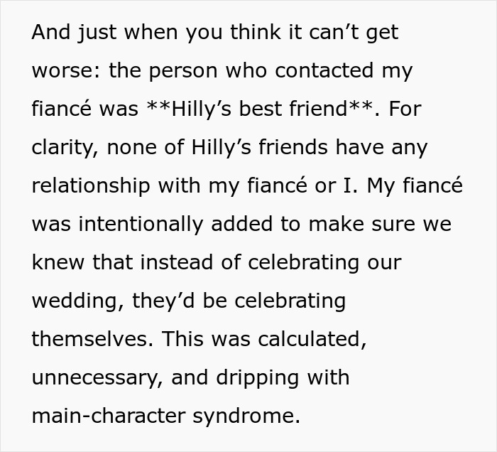 Text excerpt describing drama caused by the groom&rsquo;s brother who throws a baby shower on the wedding day.