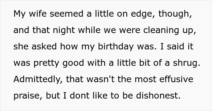 Text describing a wife who throws a big party for her husband's birthday despite his reluctance and lack of praise.