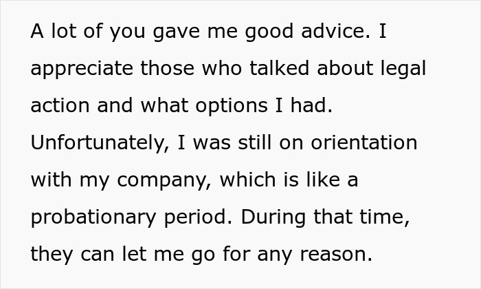 Text excerpt about a man sharing his experience of getting fired during orientation over a crude drawing incident.