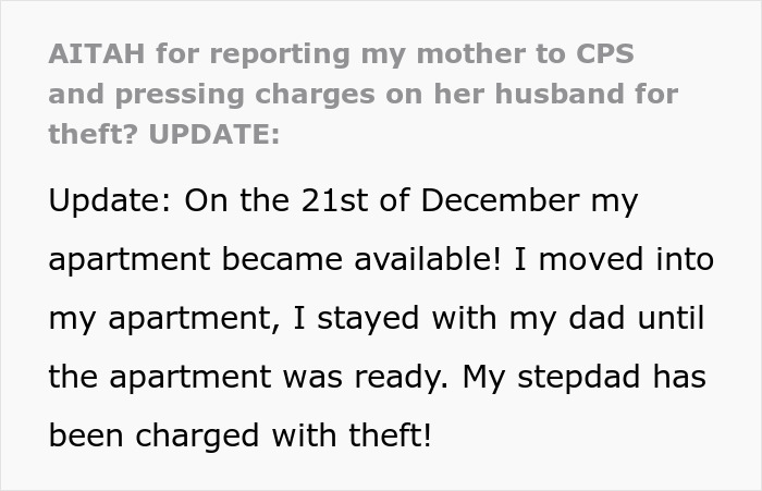 Text update about teen escaping horrible family after step-father's theft, moving into their own apartment safely.