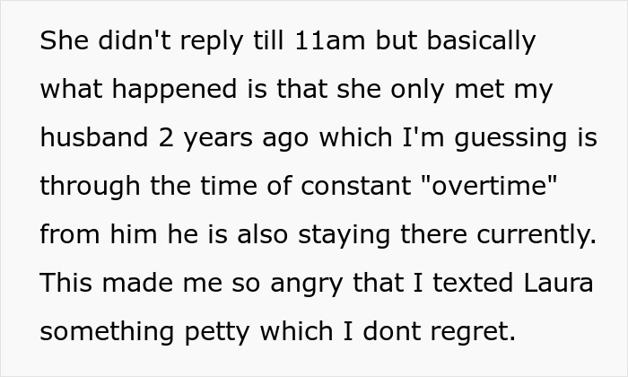 Text excerpt showing a man spinning a tale about his pregnant female bestie, shocking his wife with the made-up story.