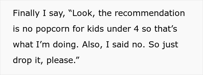 Text excerpt showing a mother firmly enforcing family rules during a dinner conversation about kids and popcorn.