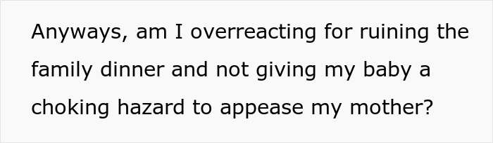 Text on a white background reads a question about overreacting for ruining a family dinner to appease a rude mother.