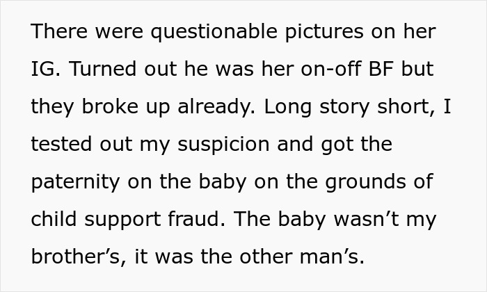 Text about woman testing her suspicions reveals baby isn&rsquo;t her late brother&rsquo;s, exposing child support fraud and ruining SIL&rsquo;s life.
