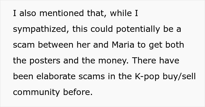 Text discussing a potential scam involving K-pop fan merchandise in the K-pop buy and sell community.