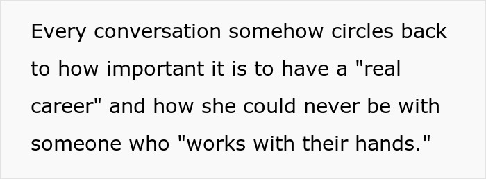 Text highlighting a conversation about the value of a real career versus working with hands, focusing on an electrician.