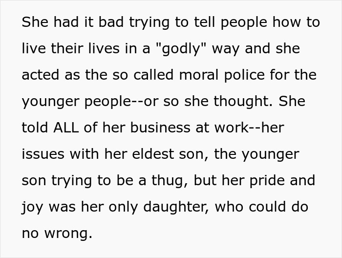 Woman judging coworker&rsquo;s life choices ironically forgets her own morals don&rsquo;t align with her criticism at work.